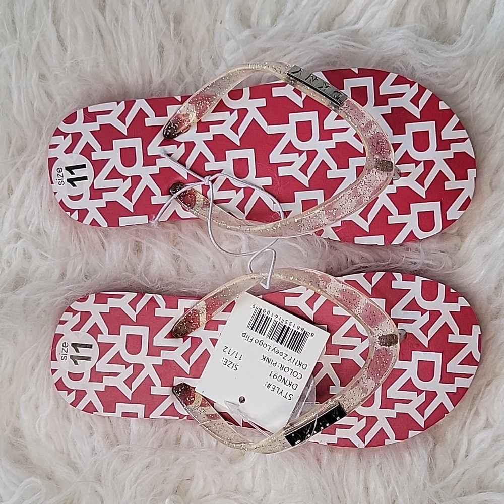 DKNY Zoey Logo Flip-flops in Pink with Clear Glitter Thong Straps in Size 11/12